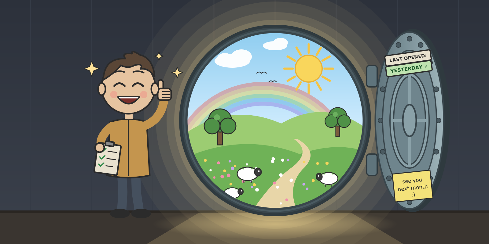 The same person, now relaxed and giving a thumbs up, with the vault door open to a calm meadow