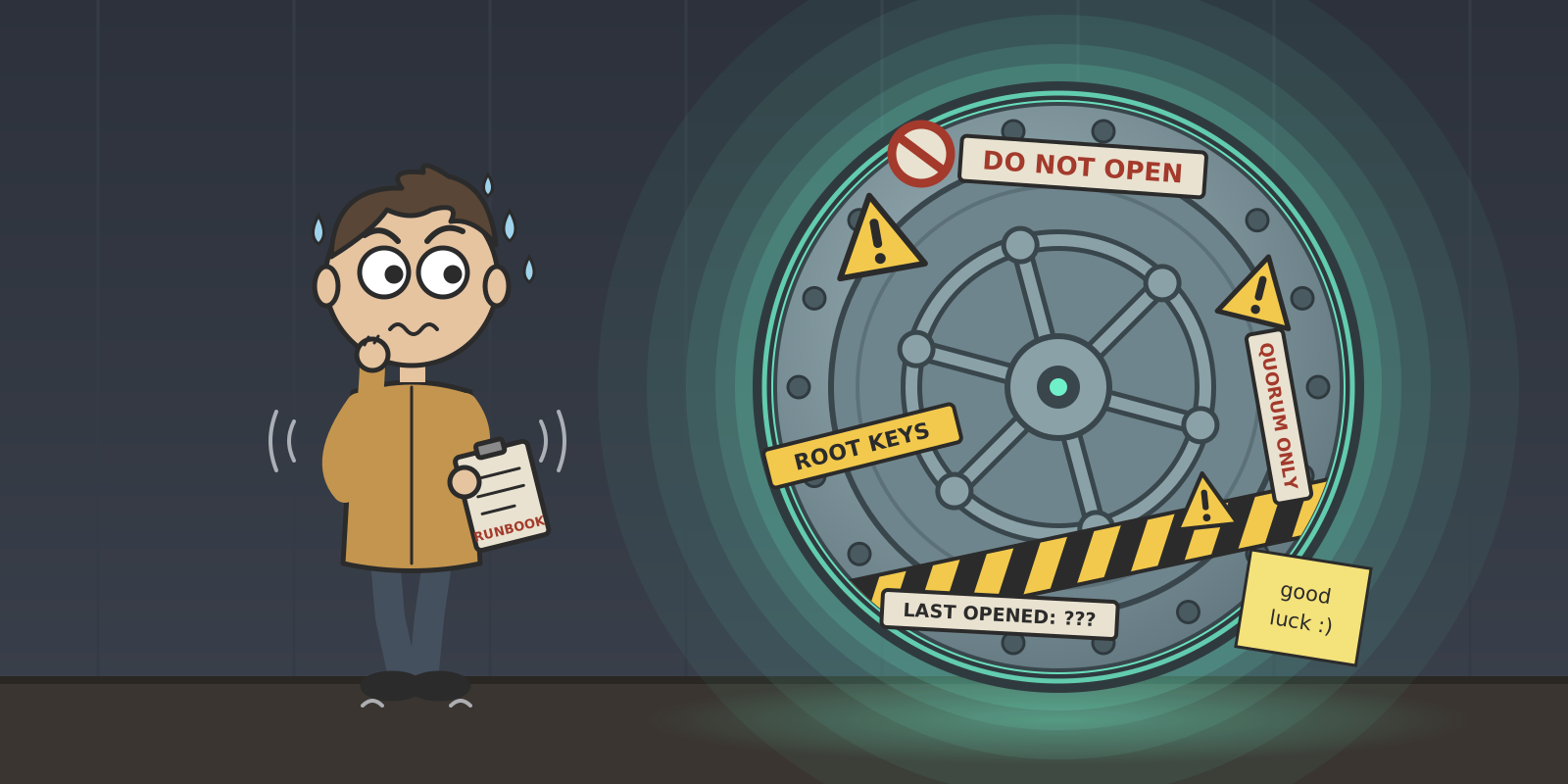 A nervous person facing a giant glowing vault door covered in warning labels